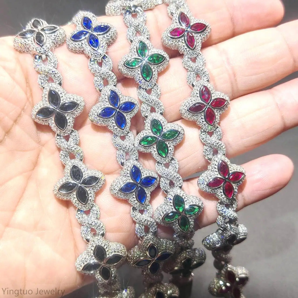 Luxury Hip Hop Jewelry Colorful Moissanite Iced Out S925 Silver Cuban Clover Bracelet