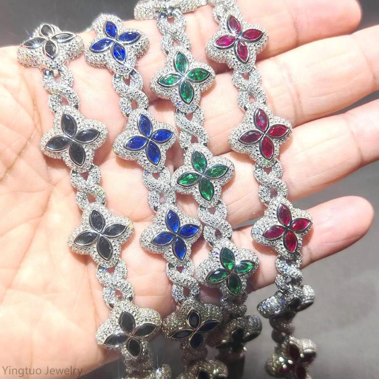 Luxury Hip Hop Jewelry Colorful Moissanite Iced Out S925 Silver Cuban Clover Bracelet