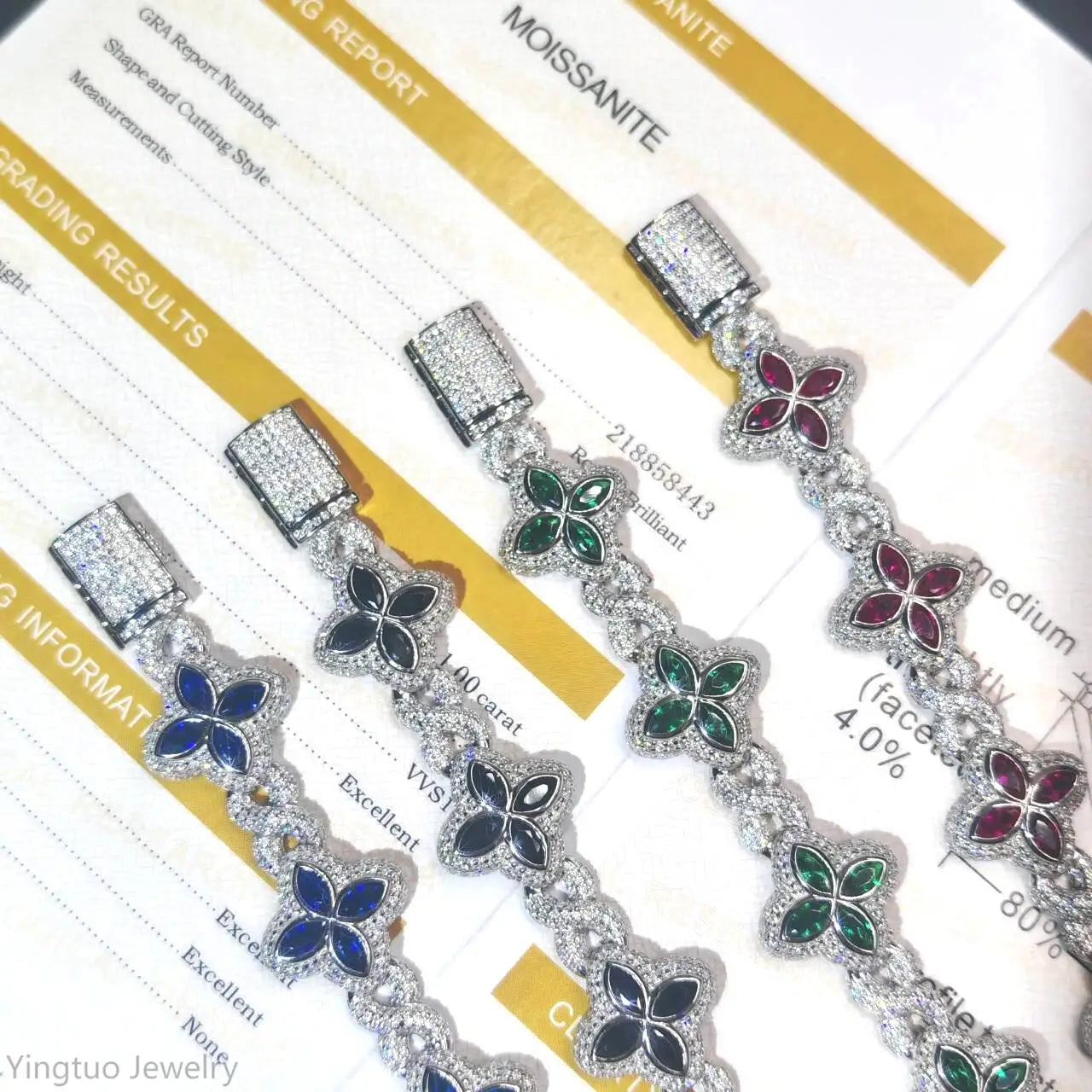 Luxury Hip Hop Jewelry Colorful Moissanite Iced Out S925 Silver Cuban Clover Bracelet