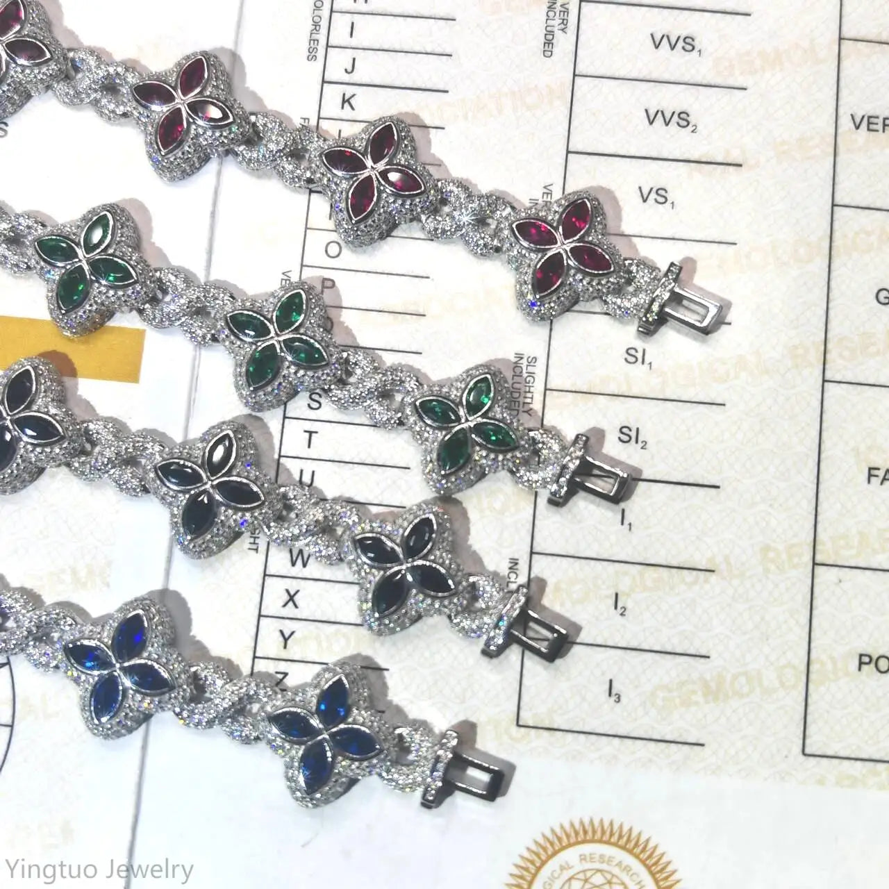 Luxury Hip Hop Jewelry Colorful Moissanite Iced Out S925 Silver Cuban Clover Bracelet