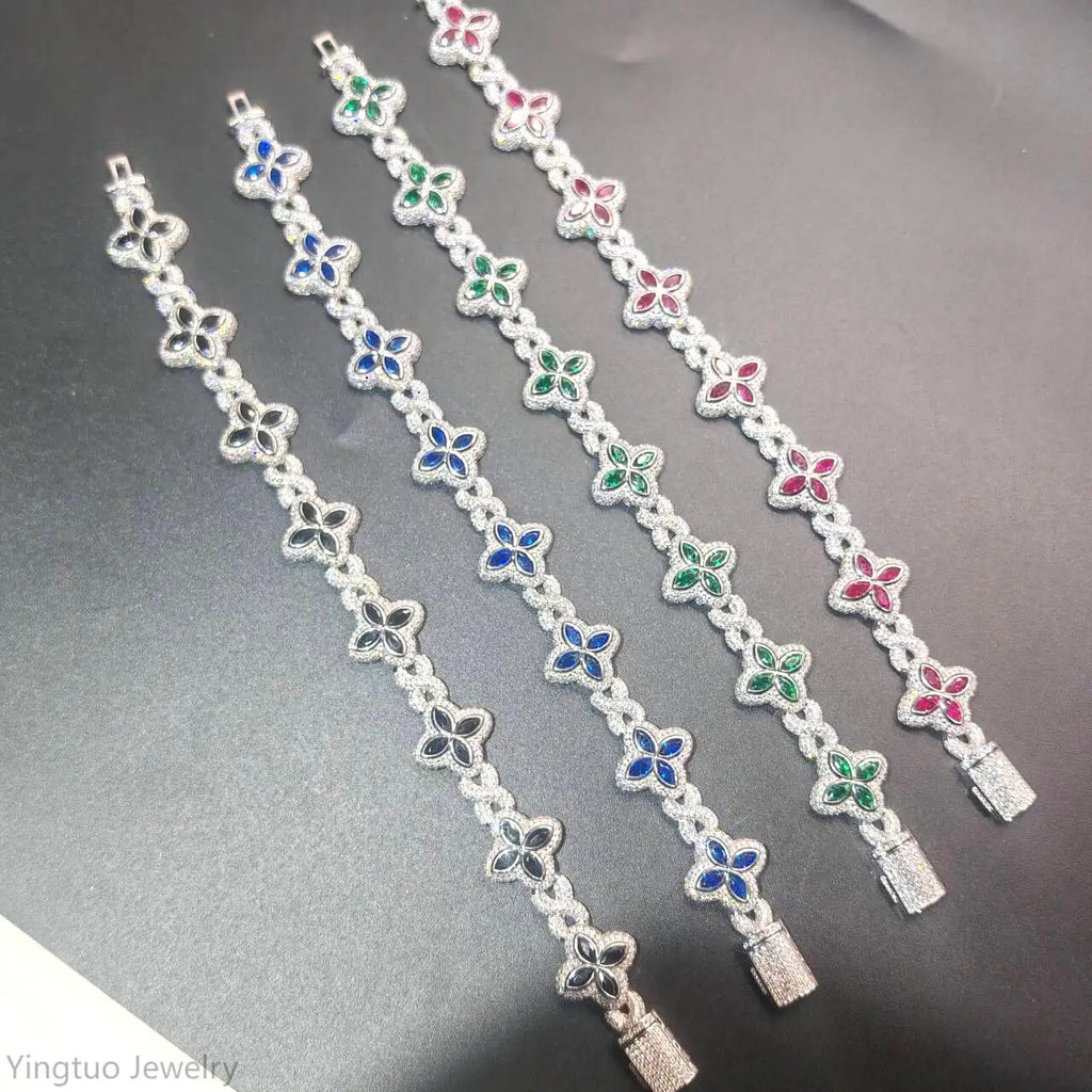 Luxury Hip Hop Jewelry Colorful Moissanite Iced Out S925 Silver Cuban Clover Bracelet