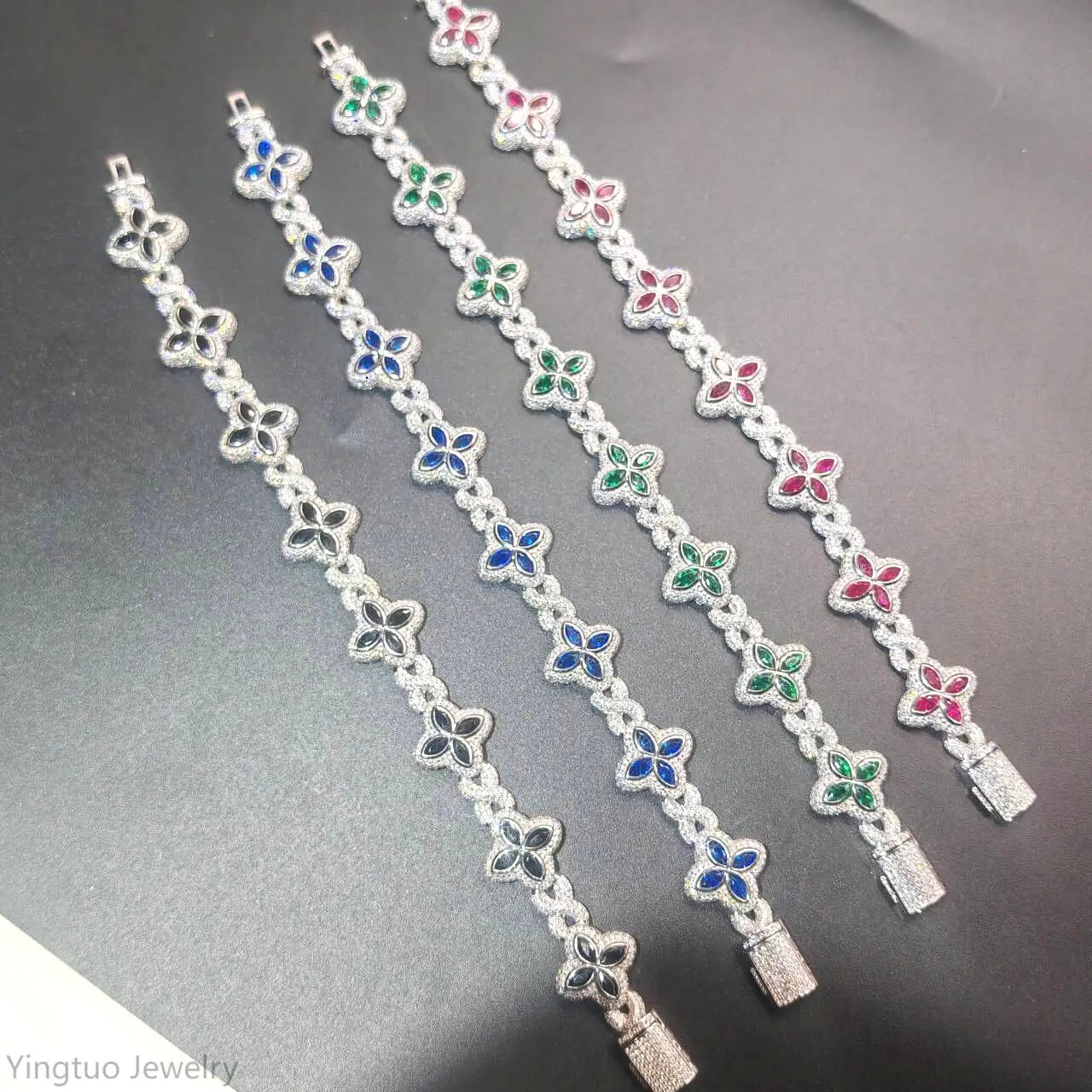 Luxury Hip Hop Jewelry Colorful Moissanite Iced Out S925 Silver Cuban Clover Bracelet