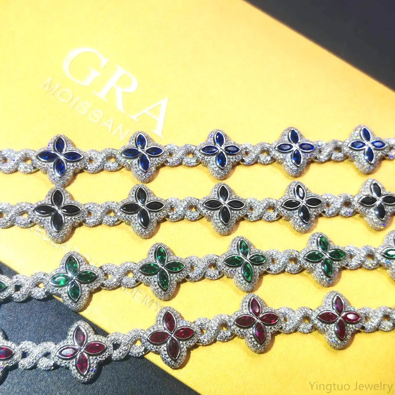 Luxury Hip Hop Jewelry Colorful Moissanite Iced Out S925 Silver Cuban Clover Bracelet