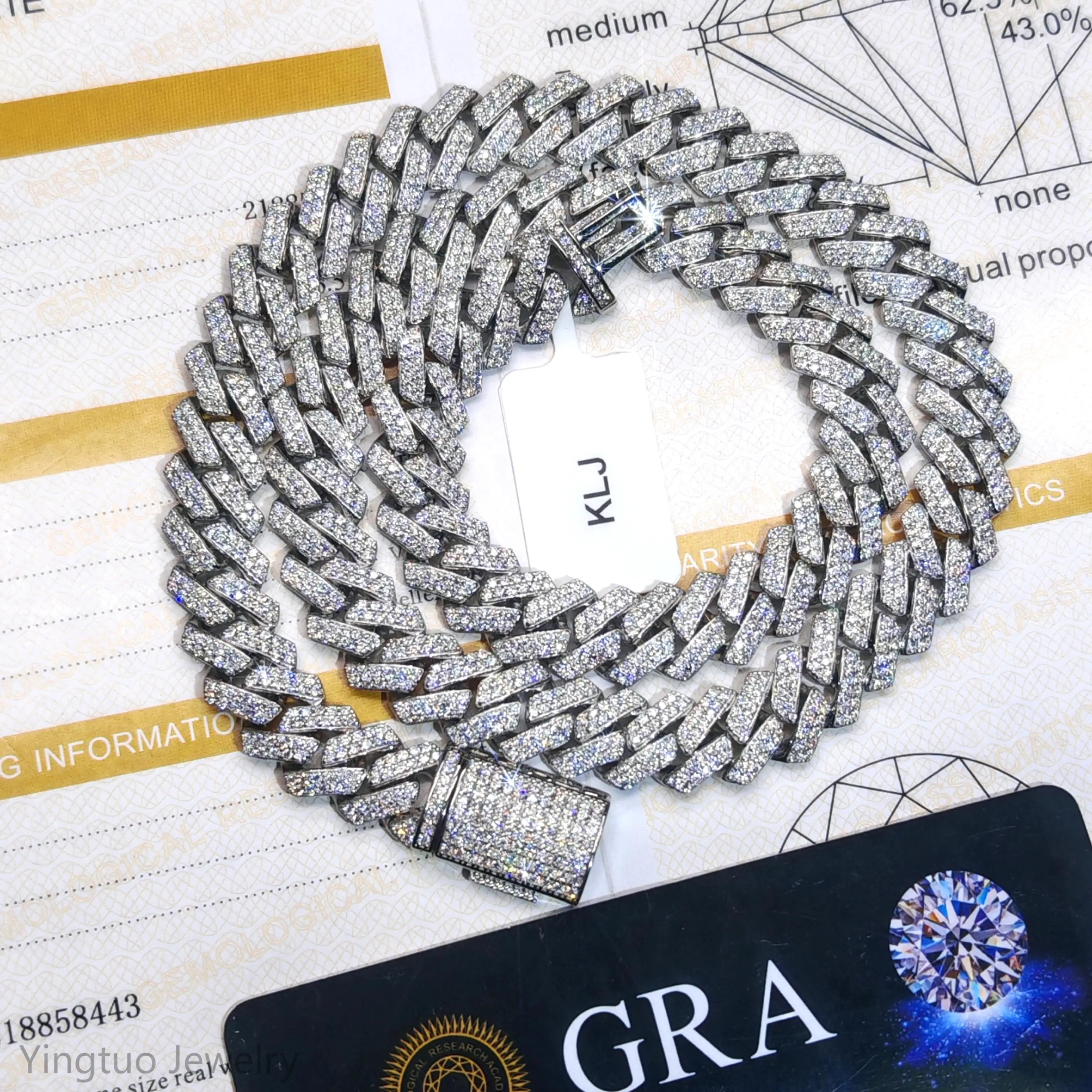 Yingtuo Jewelry 8mm/10mm/12mm Moissanite Diamond Cuban Link Chain D VVS Pass Tester 925 Sterling Silver Gold Cuban Link Chain