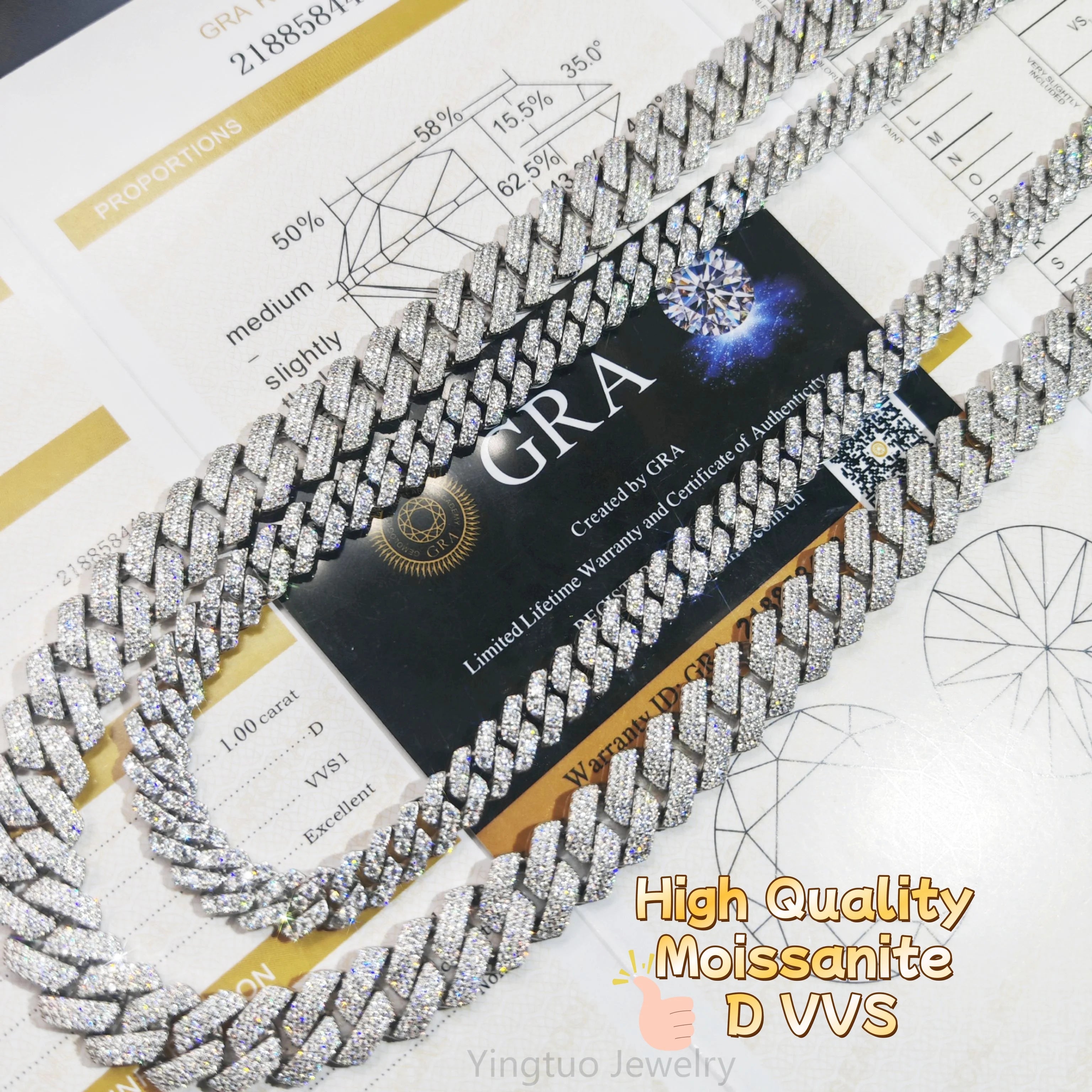 Yingtuo Jewelry 8mm/10mm/12mm Moissanite Diamond Cuban Link Chain D VVS Pass Tester 925 Sterling Silver Gold Cuban Link Chain